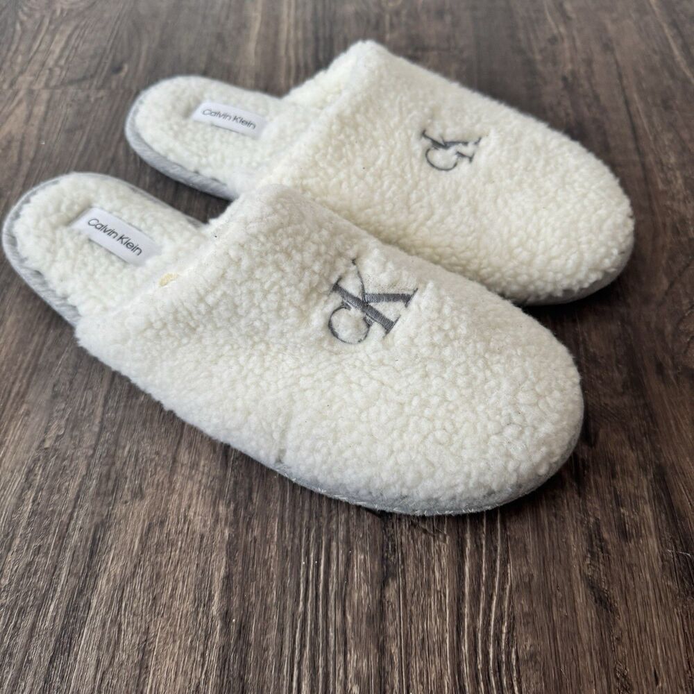 Calvin Klein Sherpa Unisex Slippers White Men 12 Women’s 13.5 CK Faux Fur